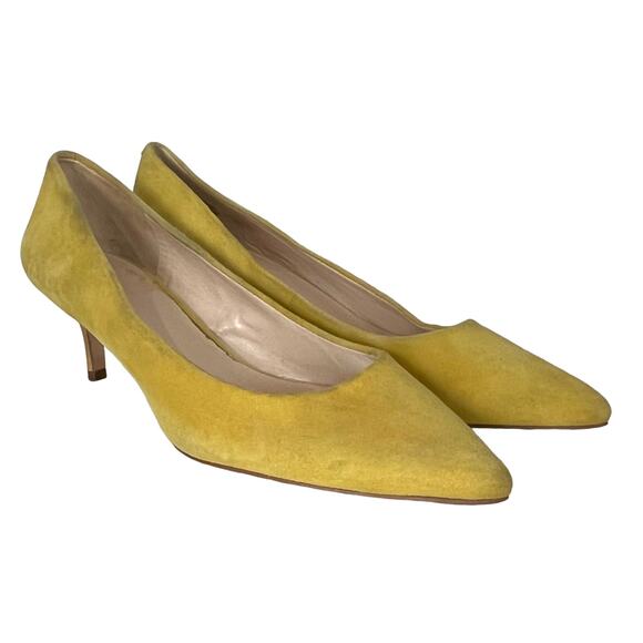 Nine West Heels Women’s 7.5 Xeena Yellow Suede Kitten Pumps Pointy Toe Slip On - Picture 3 of 16